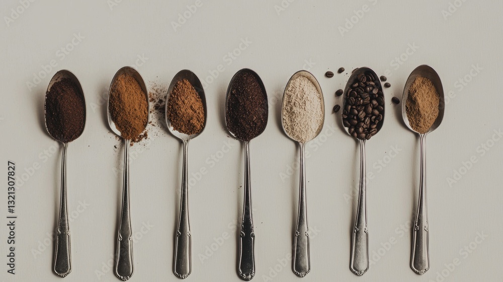 Poster row of six silver spoons arranged in a line on a white background. each spoon has a different type o