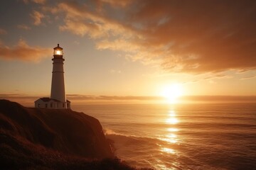 Naklejka premium Stunning sunset view at coastal lighthouse highlighting ocean and rocky cliffs