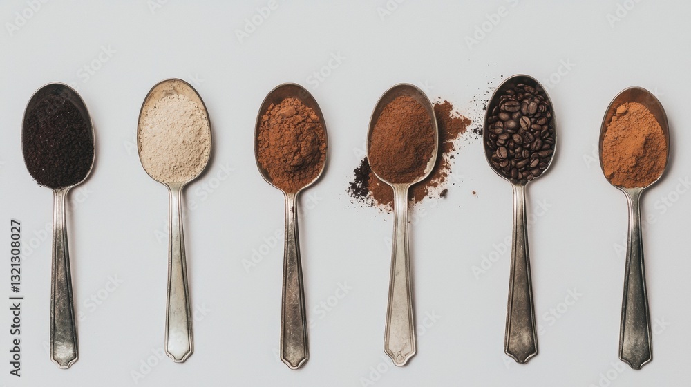 Poster five spoons of different sizes arranged in a row on a white background. each spoon has a different t