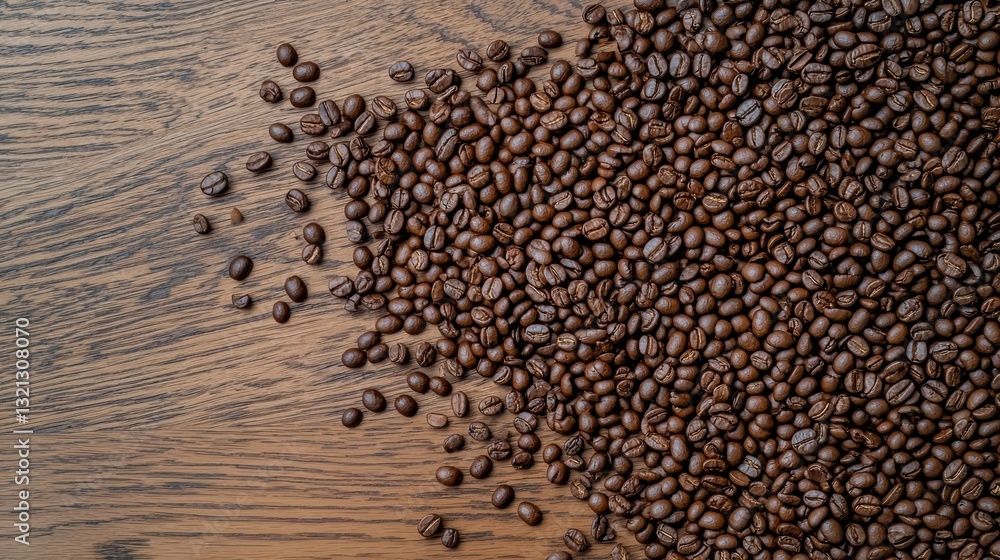 Poster close-up of a pile of coffee beans on a wooden surface. the beans are dark brown in color and appear