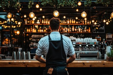 Fototapeta premium Cozy Bar Scene with Bartender Preparing Drinks in a Stylish Ambiance at Night