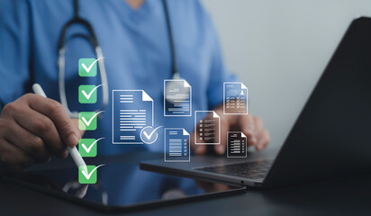Doctor verifying medical checklists and assessments using advanced technology. Secure and efficient digital healthcare workflow system