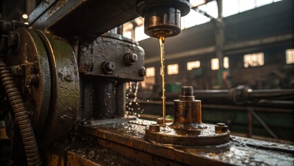 A close-up of machinery in an industrial setting, showcasing oil being poured, highlighting the operations and environment of manufacturing.