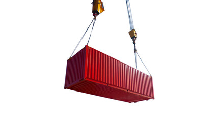 A red container is being lifted by a crane