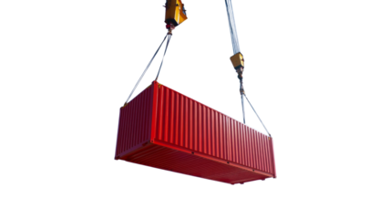 A red container is being lifted by a crane
