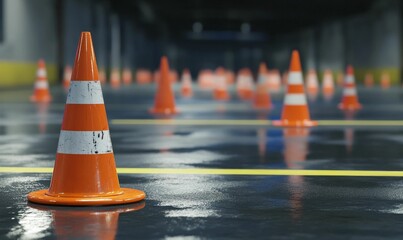 Traffic cones on wet pavement for caution.