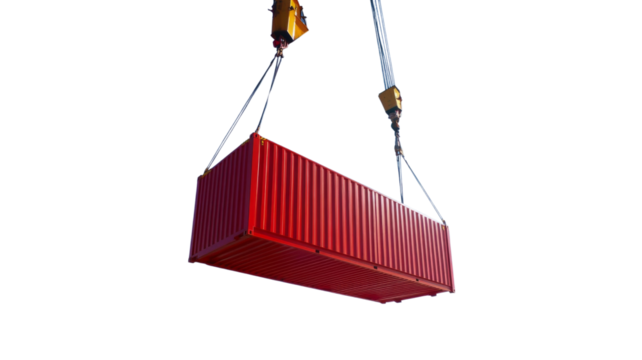 A red container is being lifted by a crane