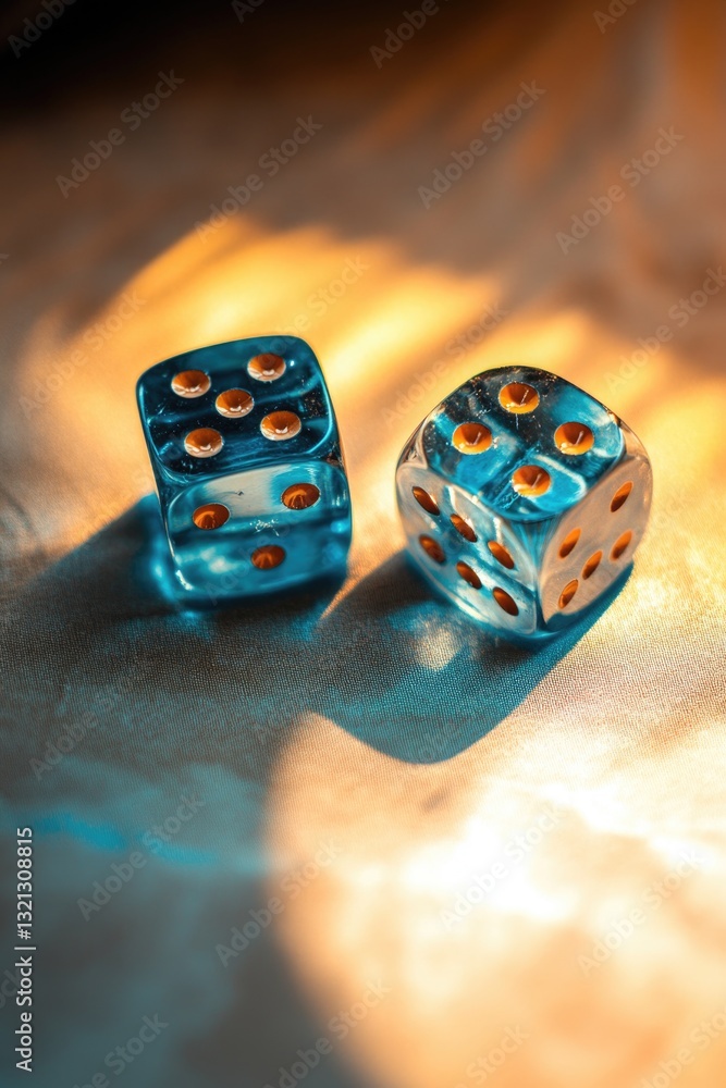 Poster two blue dice placed side by side on a table, ready for play