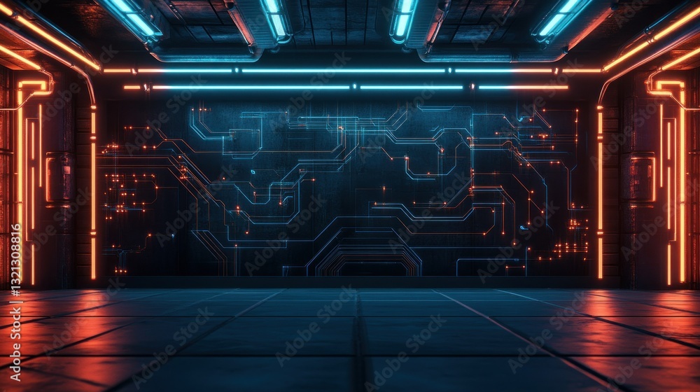 Poster walls with neon circuit lines shining across intricate patterns background wallpaper ai generated im