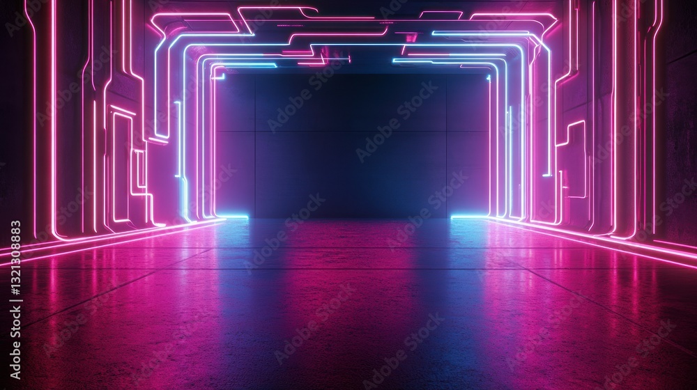 Poster wall with bright neon abstract circuit lines leaves space in the middle for personalized mockup desi