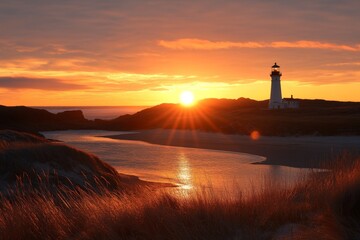 Fototapeta premium Sunset over a serene coastline with a lighthouse illuminating the horizon at dusk