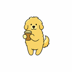 Sticker design of A fluffy golden retriever holding a to-go coffee cup 