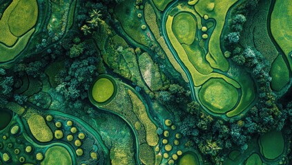 Abstract golf course design, aerial view. Lush green fairways and greens, winding paths, surrounded by trees