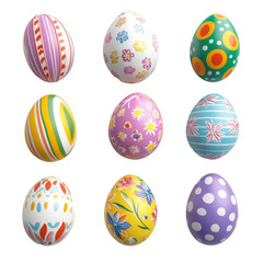 A collection of colorful painted eggs with various patterns and designs