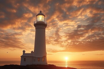 Lighthouse stands tall against a beautiful sunset over the ocean with vibrant clouds reflecting warm light