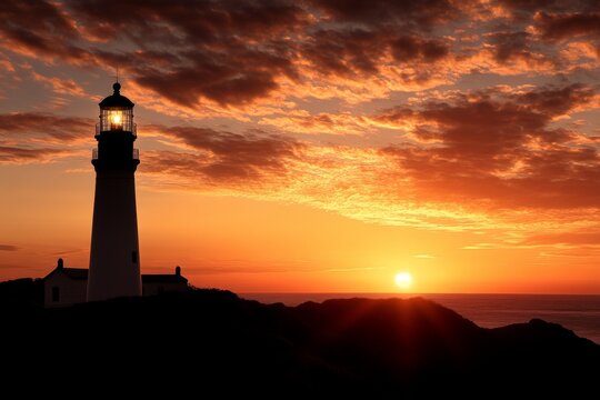 Lighthouse shines brightly as sunset paints the sky in vibrant hues along the coastline