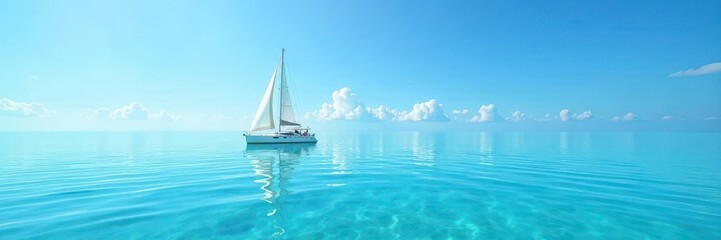 Fototapeta premium Sailing boat floats on calm turquoise waters with a bright blue sky above , turquoise water, marina