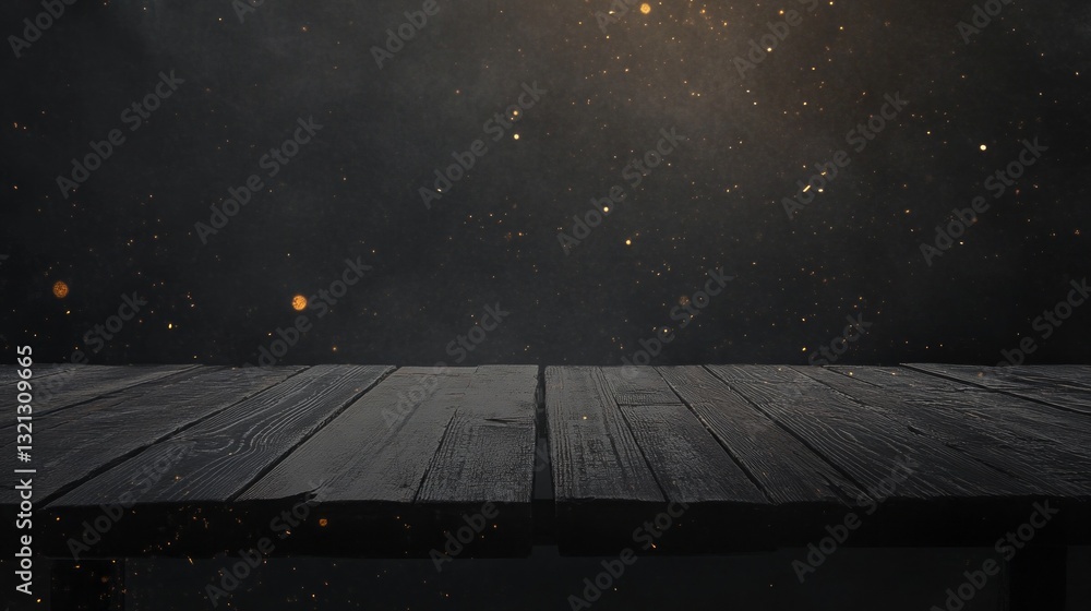 Poster Crafted from aged timber, the table stands resilient against a mystical dark background filled with glimmering particles, evoking a sense of enchantment in a serene setting