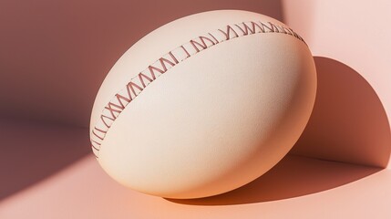 Close-up of a white rugby ball on a pink background. the ball is in the center of the image and is positioned in a way that it is facing towards the right side of the frame.