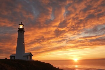 Beautiful sunset casts vibrant colors over coastal lighthouse and ocean waves