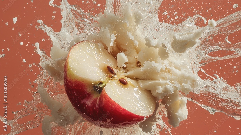 Poster close-up of a red apple splashing into the water. the apple is in the center of the image, with its 