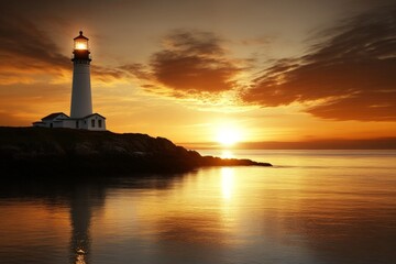 Stunning sunset behind a lighthouse illuminating the calm waters along the coast