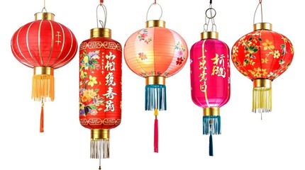 Five vivid Chinese lanterns featuring floral and calligraphy designs, vibrant colors, and ornate tassels, displayed on a white background. Festive decoration concept. Ai generative