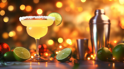 Mexico Festive Cheers &ndash; Photorealistic Margarita Glass with Salted Rim, Fresh Limes, and Vibrant Papel Picado Banners in Bright Celebration Setting