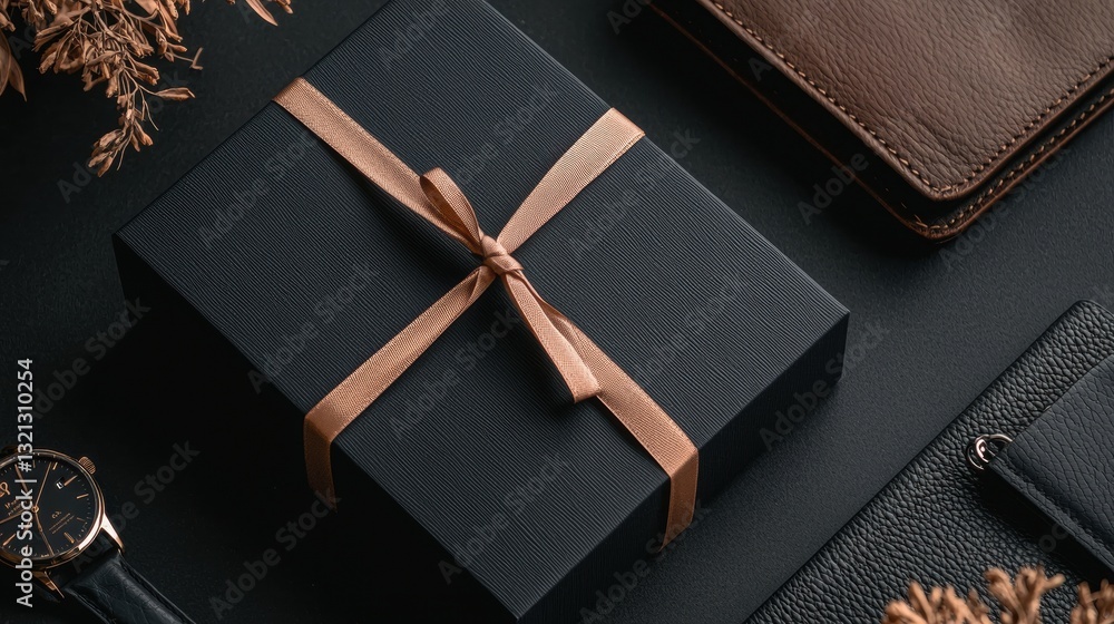 Poster black gift box with a gold ribbon tied in a bow on top. the box is rectangular in shape and appears 