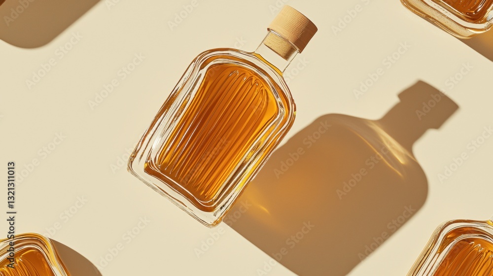 Poster group of small glass bottles with cork stoppers. the bottles are arranged in a scattered manner, wit