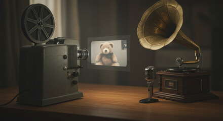 Fototapeta premium 1940s retro movie projector on wooden table, Teddy Bear on portable cinema screen, old gramophone, and vintage microphone. Silent movie concept