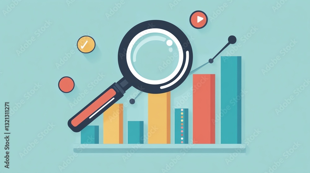 Poster visual representation of data analysis with a magnifying glass over colorful charts and graphs