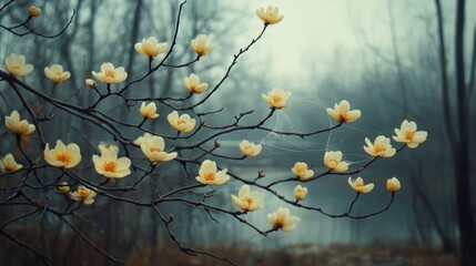 Beautiful flowering magnolia branches covered with delicate cream-colored blooms and fine spider webs, moody background, soft focus