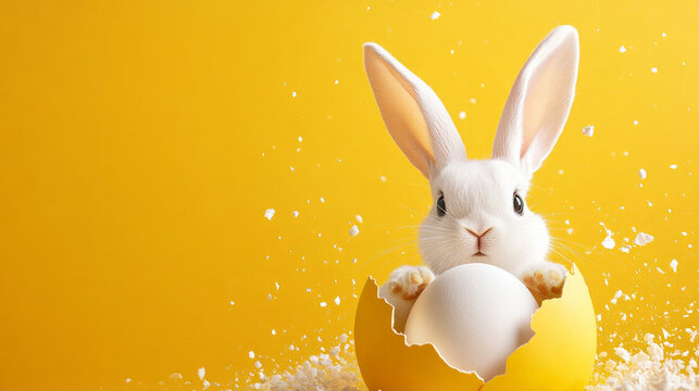 Easter banner, header, and horizontal flyer featuring banny ears and a white cracked egg on a yellow background. trendy Easter design featuring a bunny and an egg. Text on a greeting card Cheers to Ea
