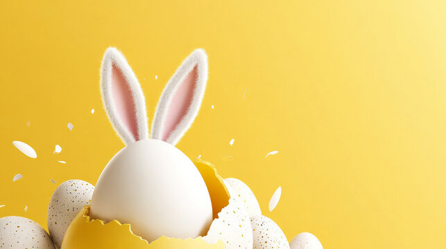 Easter banner, header, and horizontal flyer featuring banny ears and a white cracked egg on a yellow background. trendy Easter design featuring a bunny and an egg. Text on a greeting card Cheers to Ea