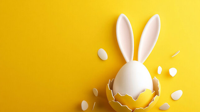 Easter banner, header, and horizontal flyer featuring banny ears and a white cracked egg on a yellow background. trendy Easter design featuring a bunny and an egg. Text on a greeting card Cheers to Ea
