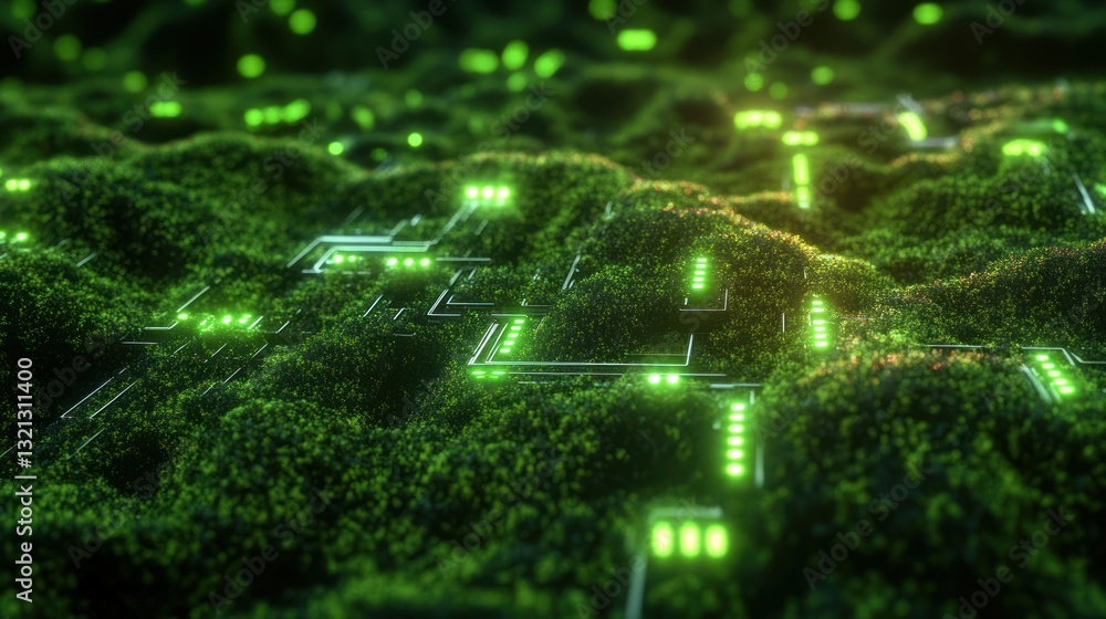 Poster moss background with bright neon circuit lines shining through the surface wallpaper ai generated im