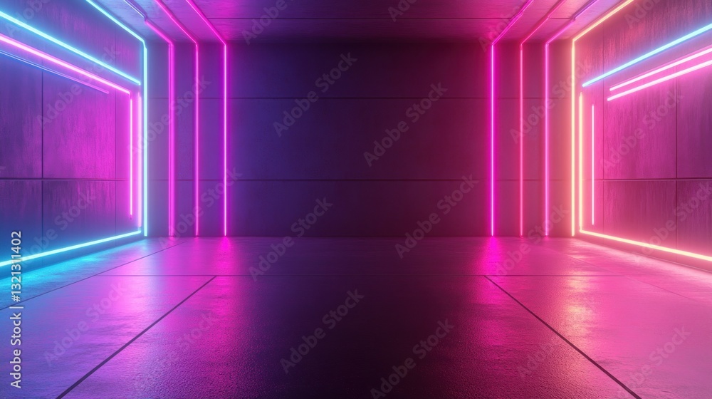 Poster wall with bright neon abstract circuit lines leaves space in the middle for personalized mockup desi