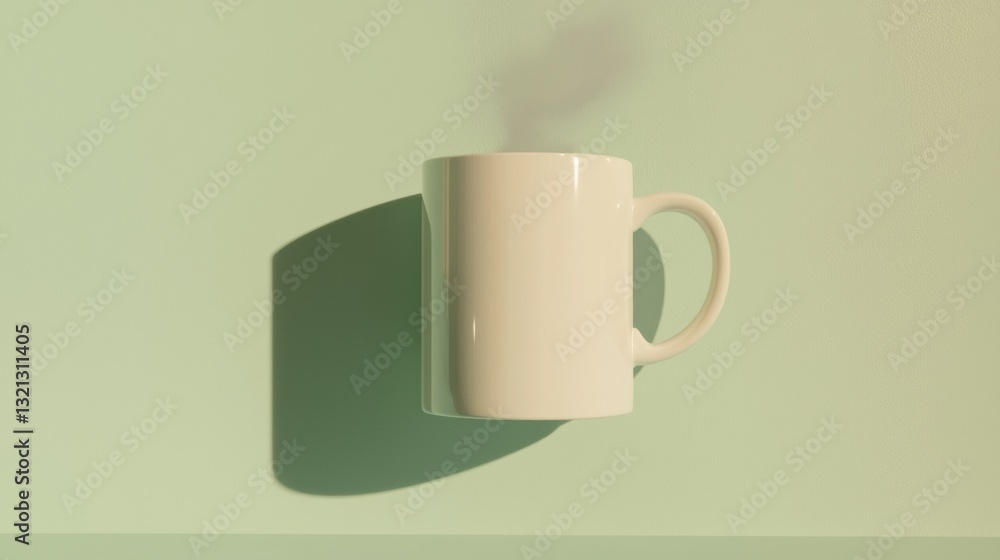 Poster minimalistic illustration of a white coffee mug on a light green background. the mug is placed on th