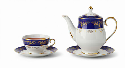 Fototapeta premium Mockup design set of elegant teapots and traditional tea cups in white, blue, and gold, placed on matching saucers beside a hot teapot. Isolated on a white background