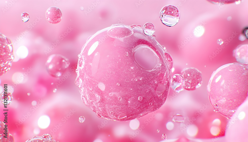 Poster pink spheres and droplets float in a dreamy blurry background shimmering translucent textures
