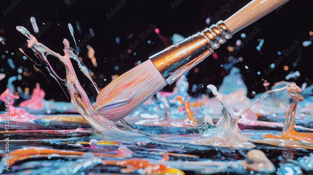 Poster close-up of a paintbrush with a wooden handle. the brush is in the process of splashing water, creat
