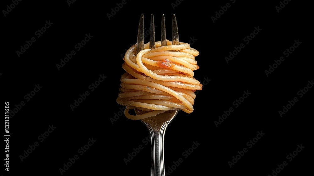 Poster close-up of a fork with a spiral of spaghetti on it. the spaghetti appears to be cooked and has a go