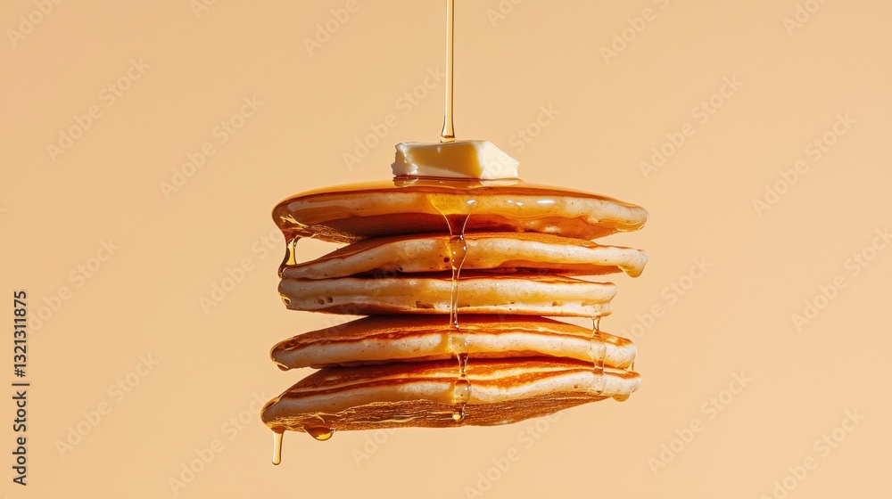 Poster stack of pancakes with syrup dripping down from a droplet of syrup on top.