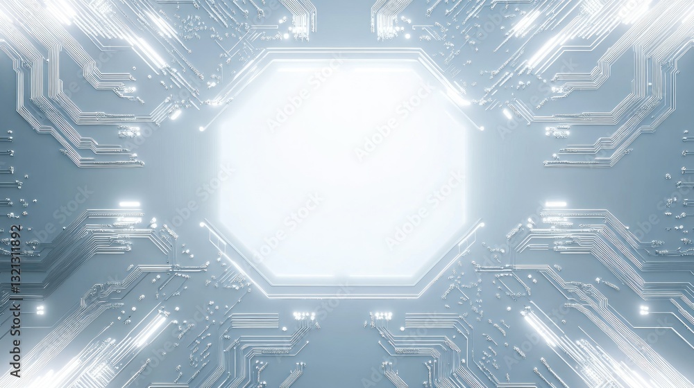 Poster the white background of the glowing neon circuit design provides a large area in the center for text