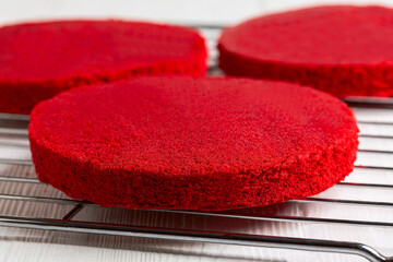 Freshly Baked Red Velvet Cake Layers.