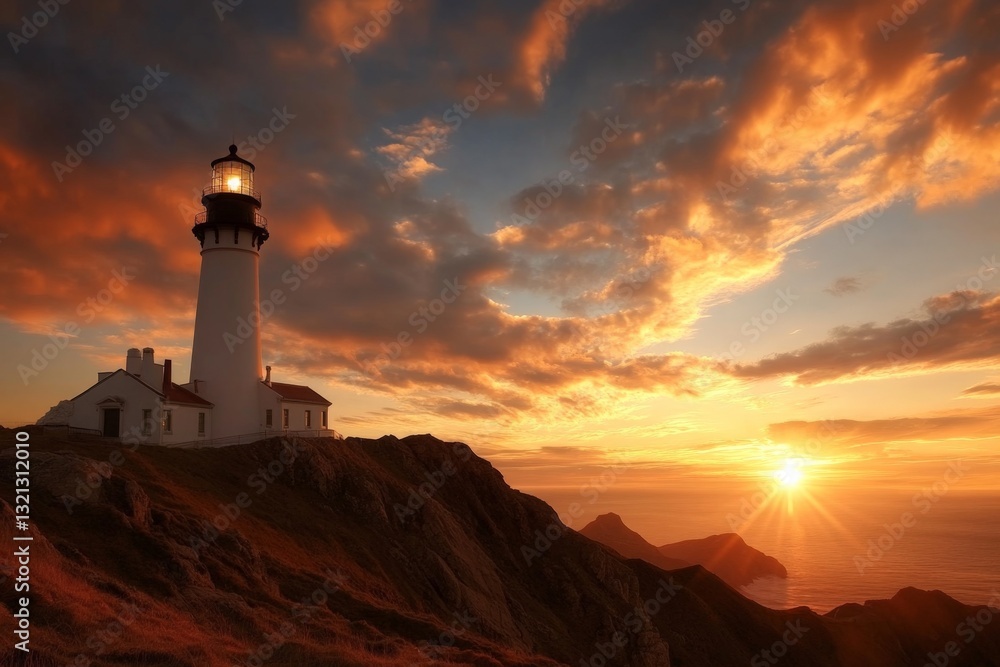 Aufkleber sunset view of a lighthouse on a cliff overlooking the ocean with vibrant clouds in the sky