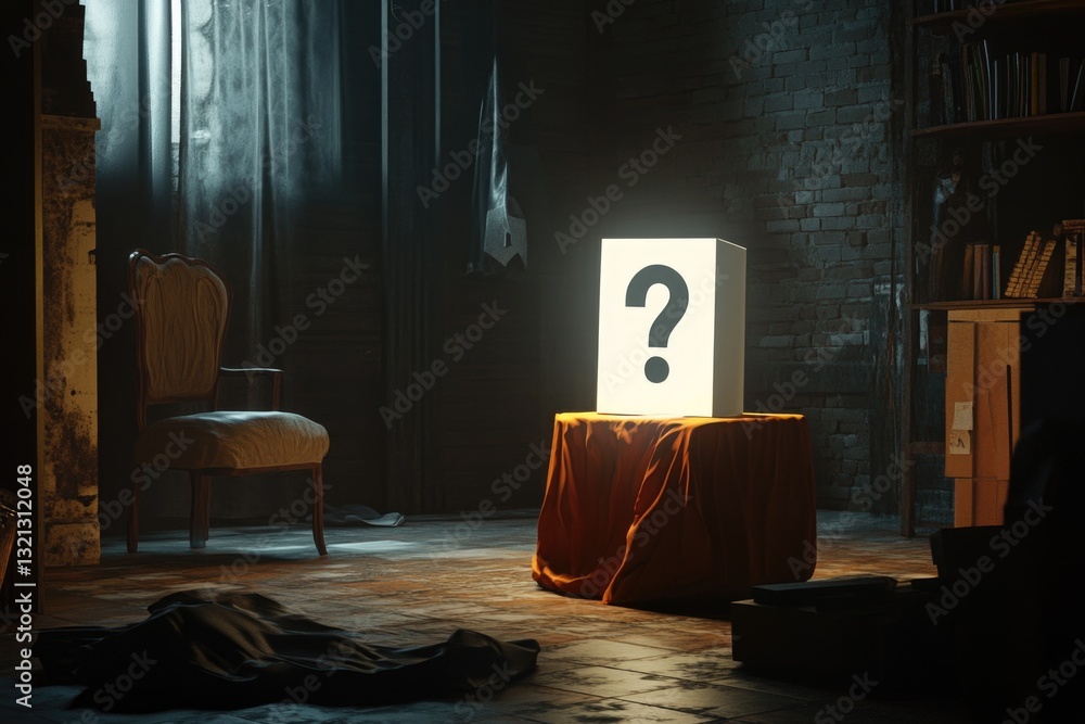 Aufkleber A room with a single chair and a table featuring a large question mark, perfect for use as a metaphor or symbol in various contexts