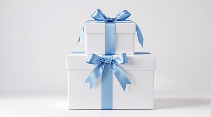 Two white gift boxes adorned with blue satin ribbons, neatly stacked on a light background. Concept of celebration, surprise, and gifting. Ai generative