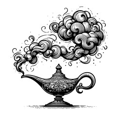 genie lamp emitting swirling smoke, symbolizing magic, wishes, and Arabian folklore in vintage style engraving generative ai sketch PNG illustration